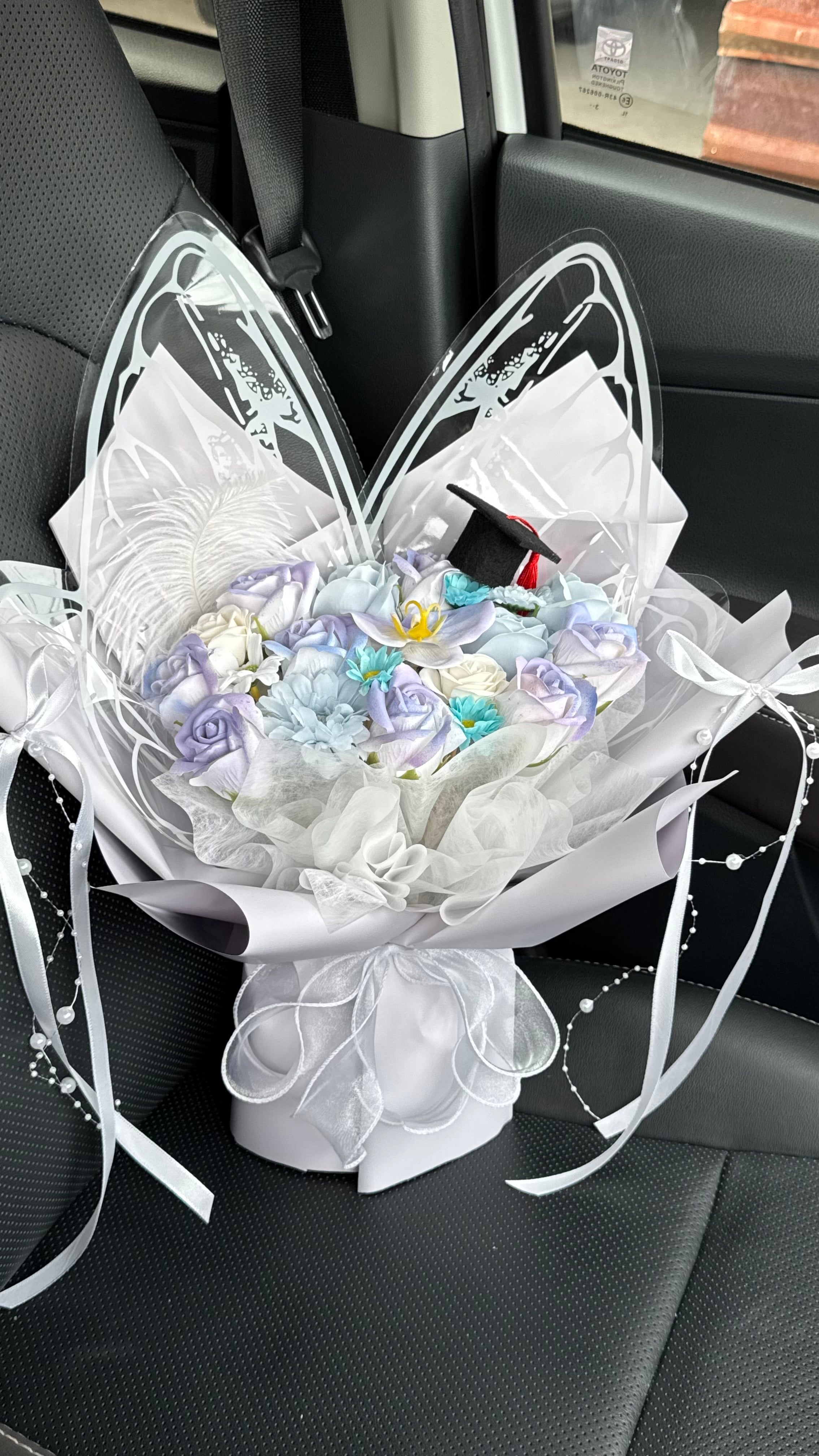M Size Purple Blue Butterfly Graduation Soap Flower Bouquet
