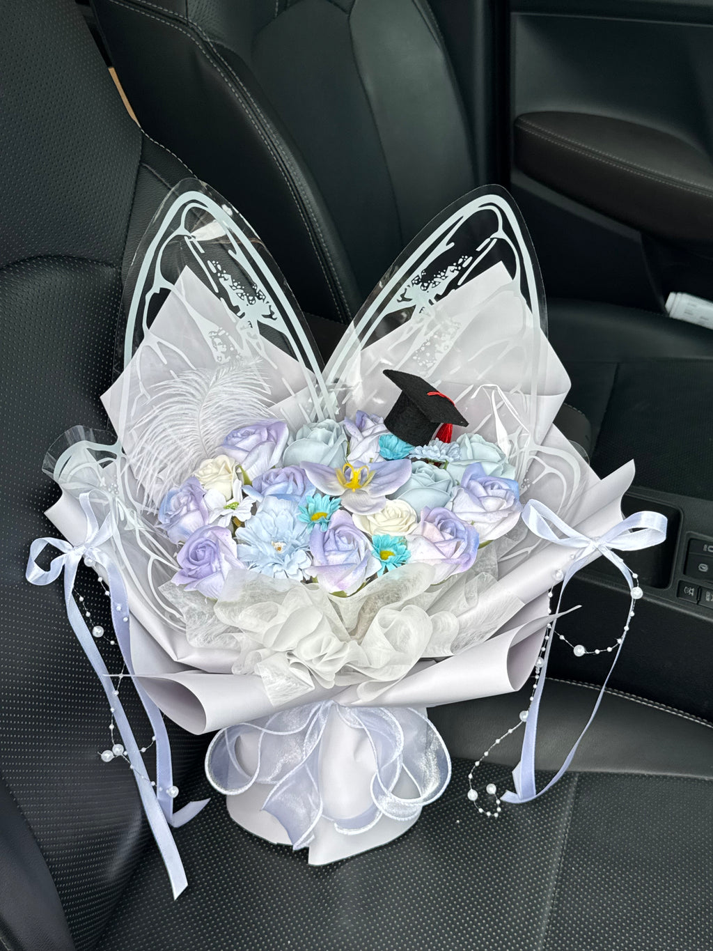 M Size Purple Blue Butterfly Graduation Soap Flower Bouquet