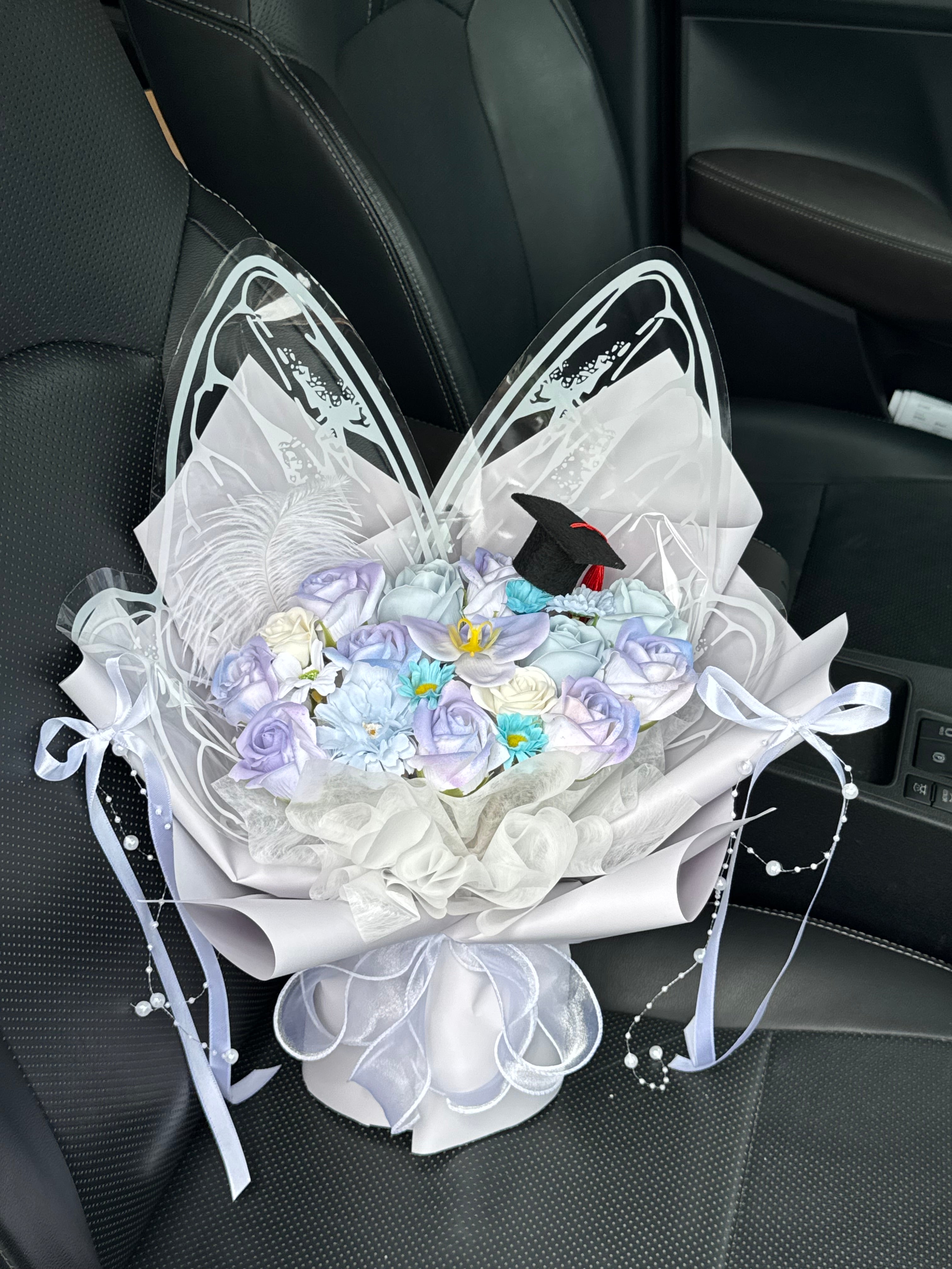 M Size Purple Blue Butterfly Graduation Soap Flower Bouquet