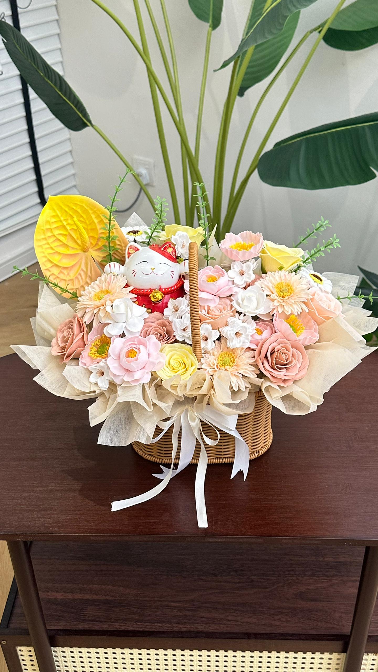 Lucky Cat Floral Basket